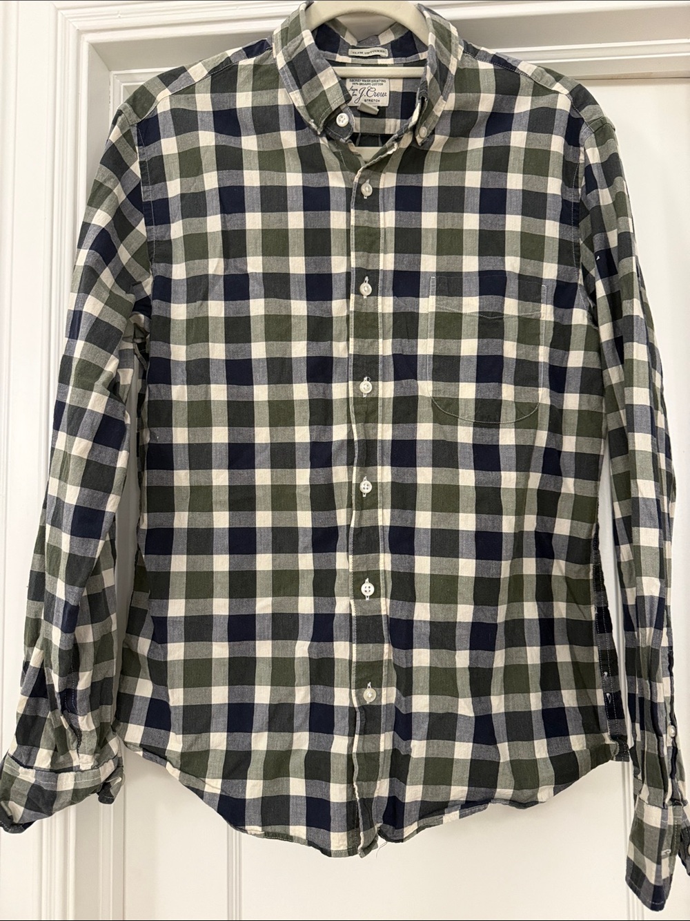 J. Crew Men's Olive Green, Navy & Cream Plaid Button-Down Shirt